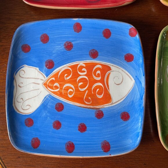 NWT Set of 4 Hand Painted Ceramic Square Appetizer Plates Fish Il Mare Italy - Picture 2 of 6